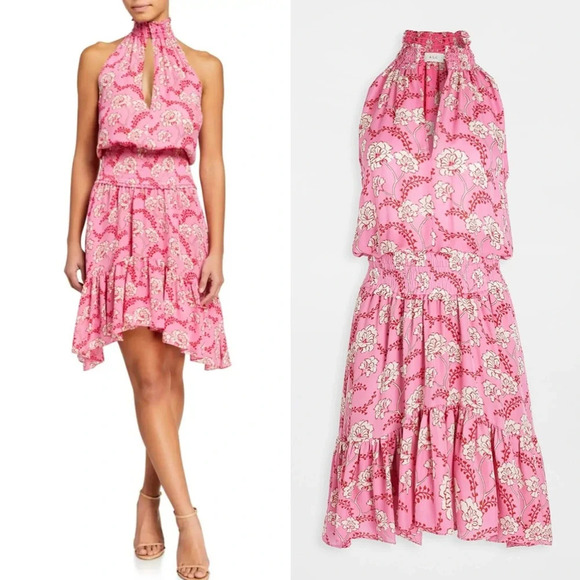 A.L.C 100% Silk Cody Floral Print Asymmetrical Halter Neck Midi Dress Pink 8 - Picture 3 of 14